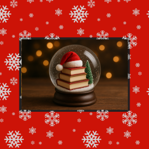 bola de nieve repleta de libros sobre los que hay un gorro de papá noel